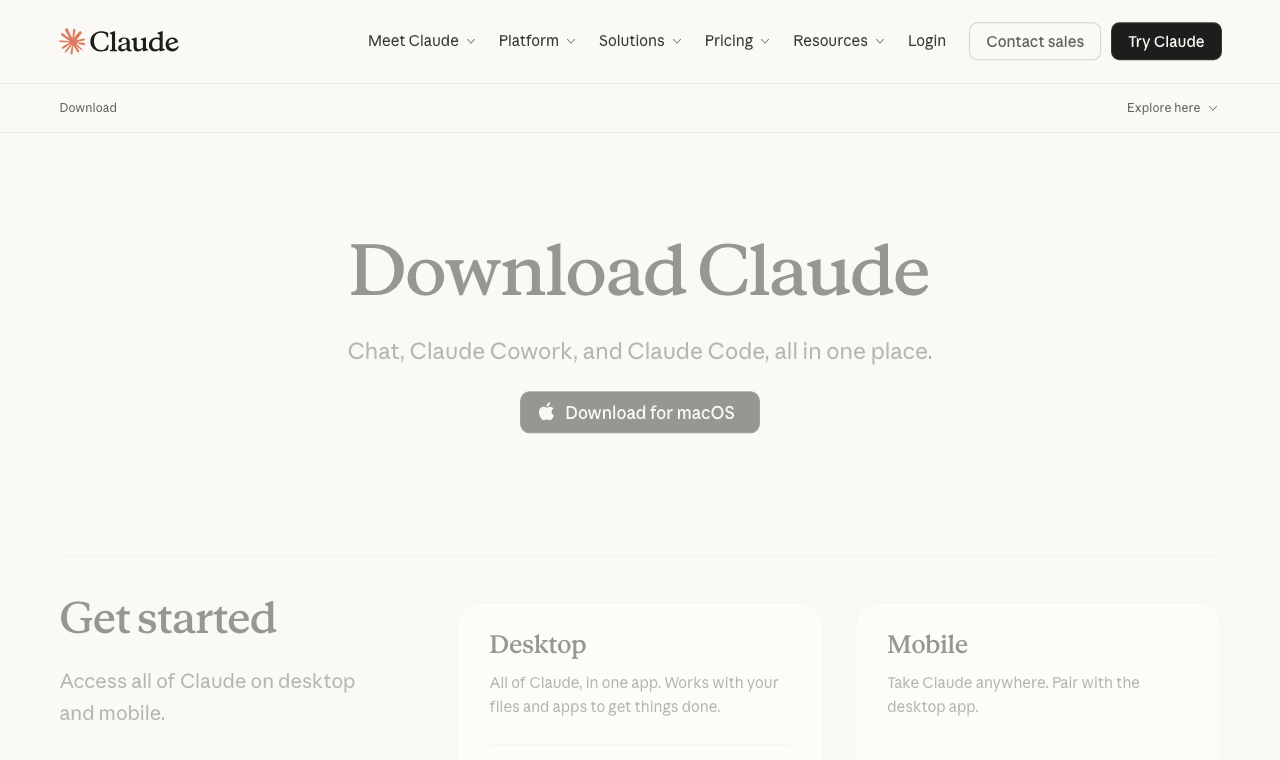 claude.com/download を開いた画面。中央に Download for macOS のボタンがある